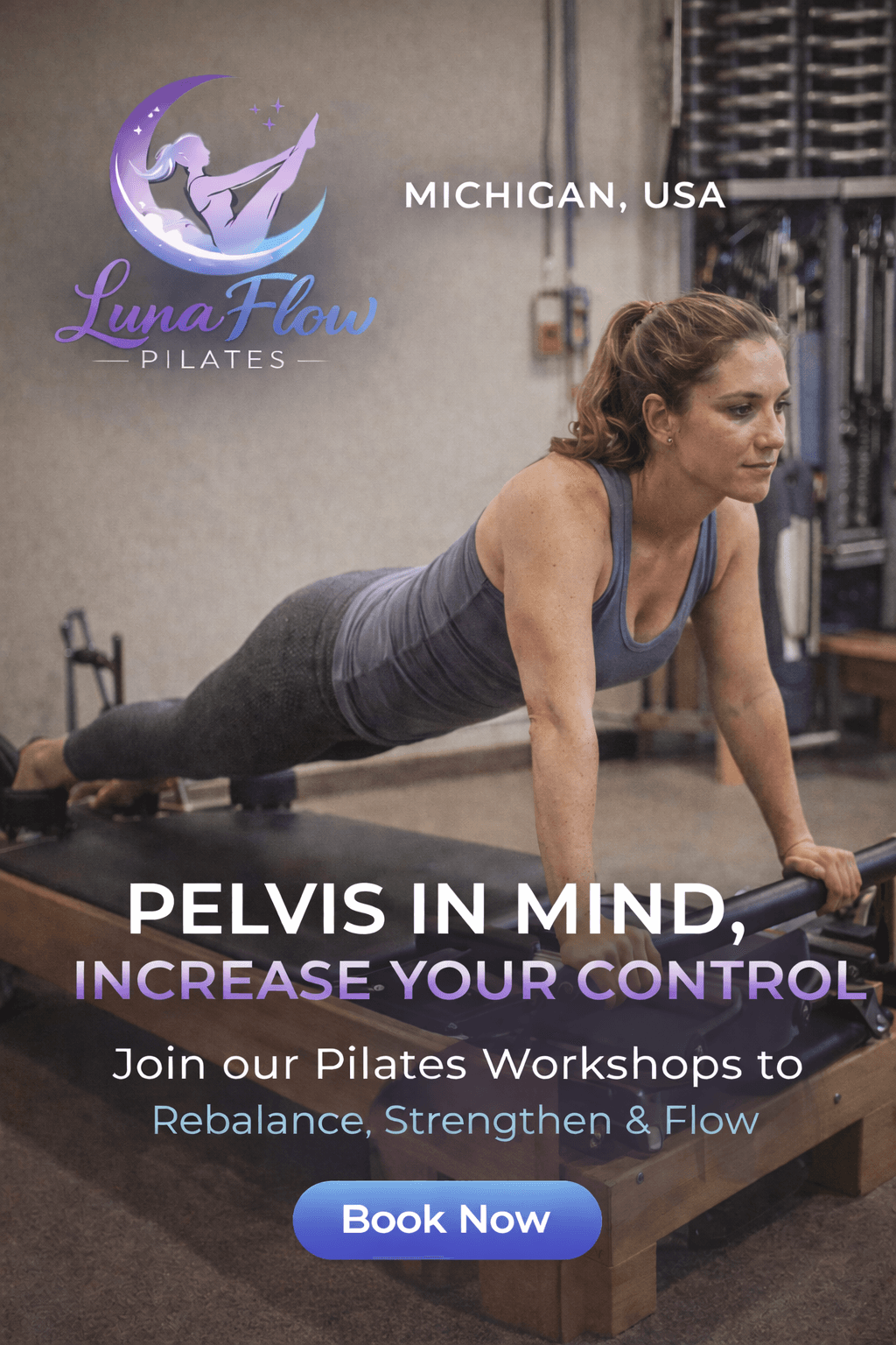 LunaFlow Pilates workshop promotion creative featuring a reformer workout