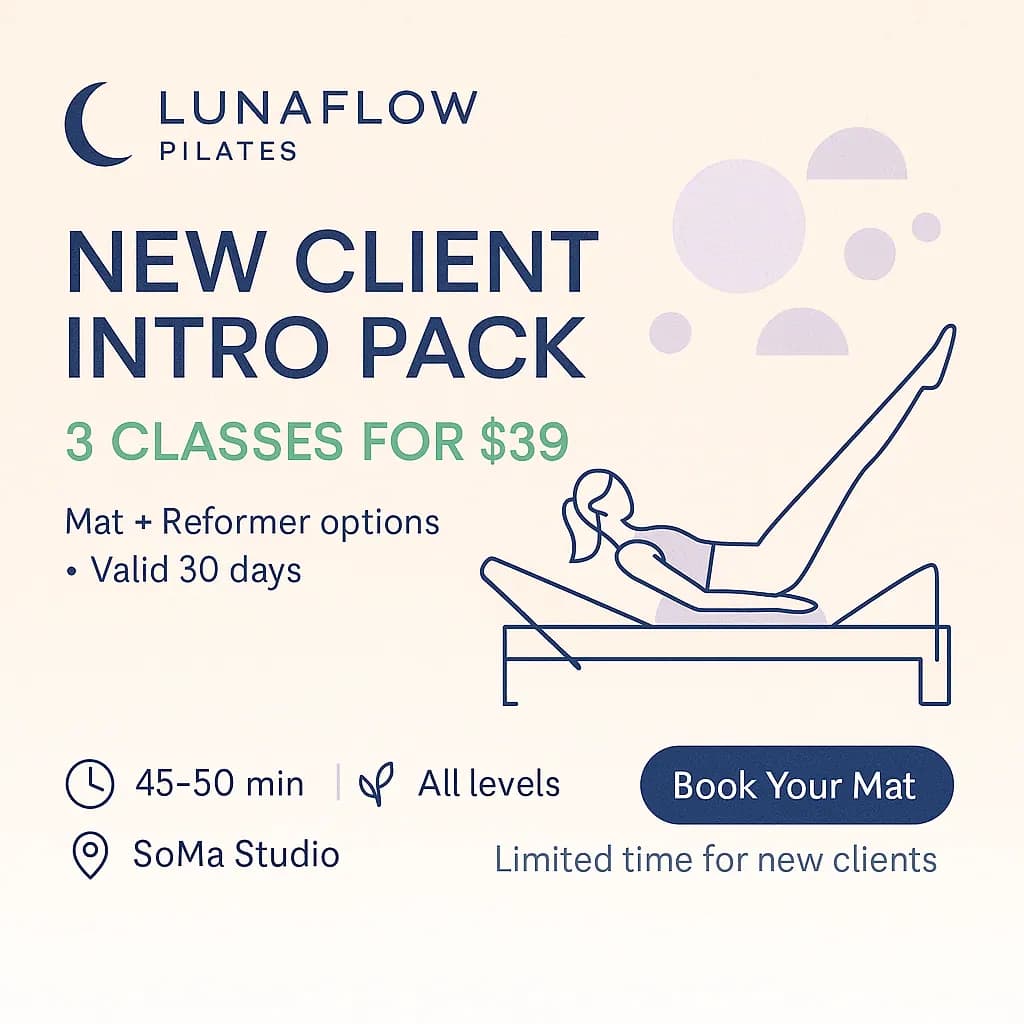 Pilates studio announcement with branded overlays